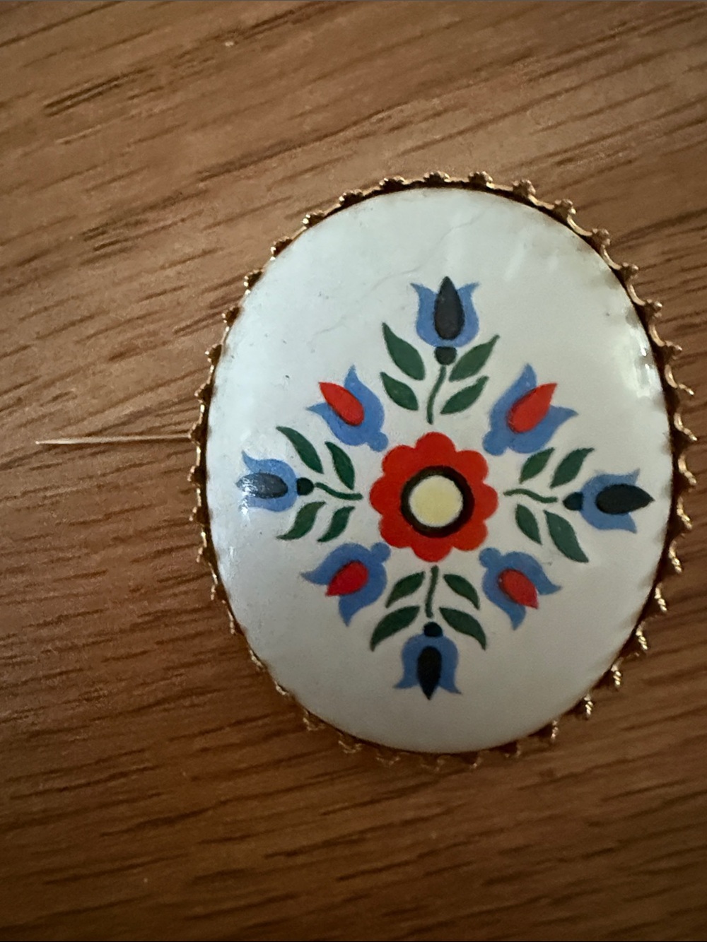 Hand-Painted Floral Enamel Oval Brooch in White, Red & Blue